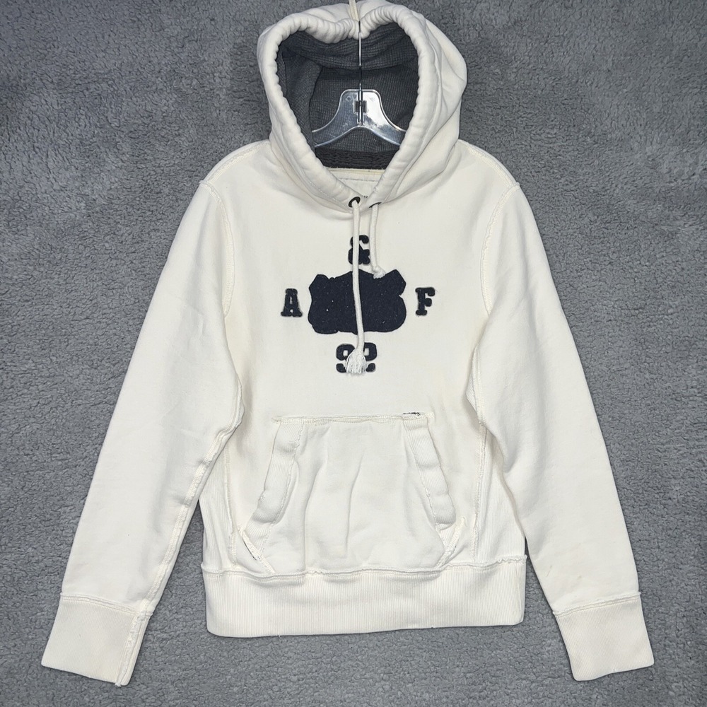 VTG Abercrombie & Fitch Hoodie Mens Sz S White Sweatshirt Heavy Weave Waffle 90s